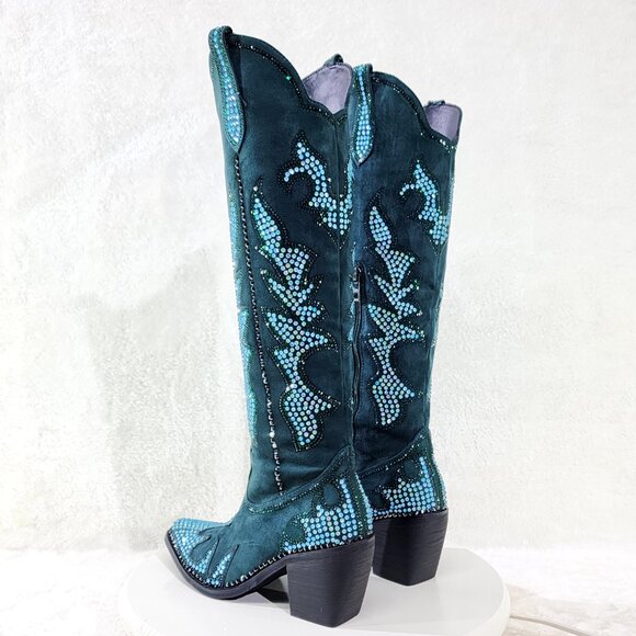 Sparks Country Western Cowgirl Knee Boots Dazzleing Iridescent Rhinestones Green